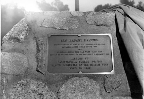 San Rafael Rancho plaque, 1947