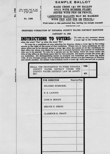 Sample Ballot from the January 10, 1956 election for the proposed formation of Topanga County Water District