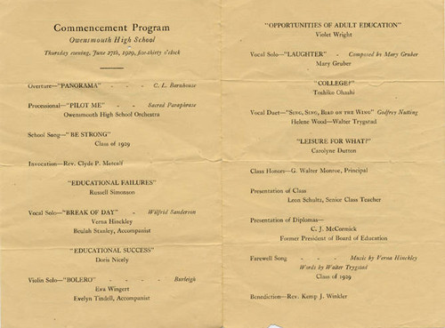 Owensmouth High School Commencement Brochure, 1929