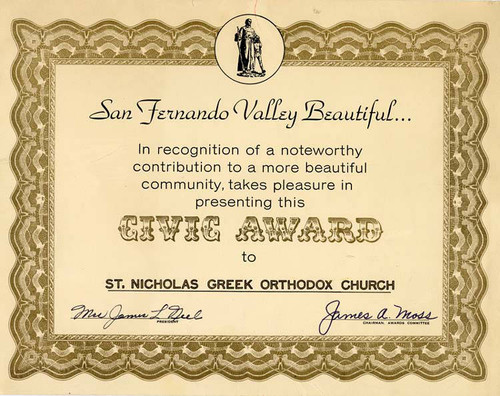 Civic award to St. Nicholas Church, Northridge, circa 1968