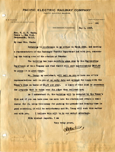 Letter from D.W. Pontius, Pacific Electric Railway, to Mrs. W.H.T. Shade, Reseda Women's Club, Los Angeles, 1929