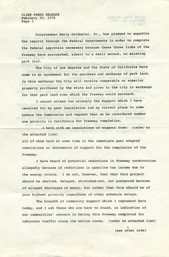 Statement by Assemblyman Bob Cline regarding Simi/San Fernando Valley Freeway, 1974