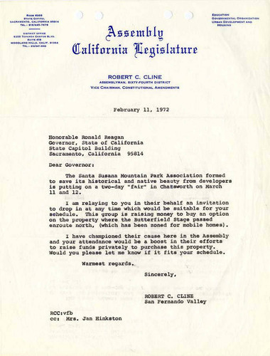 Letter from California State Assemby Member Robert C. Cline to Governor Ronald Reagan regarding Santa Susana Mountain Park Association fair, Sacramento, 1972