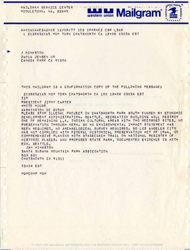 Western Union Mailgram from Janice Hinkston, Santa Susana Mountain Park Association, to President Jimmy Carter, Canoga Park, 1977