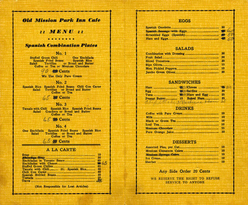 Menu from "Old Mission Park Inn Cafe", interior