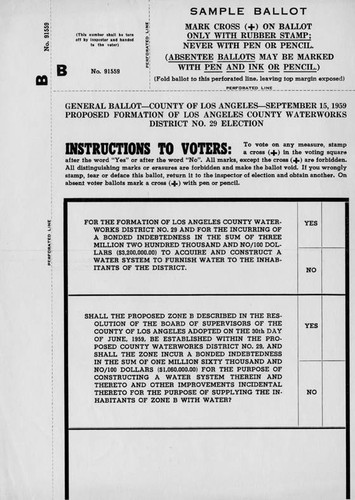 Sample Ballot for the Los Angeles County Waterworks District no. 29 Bond Election on June 28, 1960