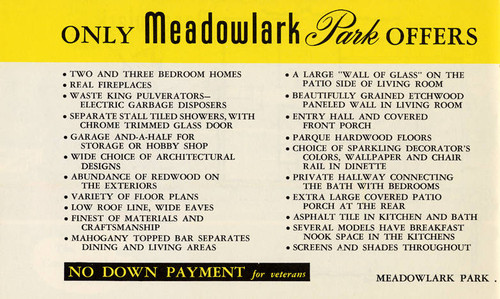 Brochure for the Ray Hommes & Co. Meadowlark Park housing development in Reseda