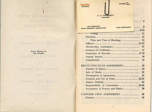 San Fernando Fruit Growers Association Articles of Incorporation, New Code of By-Laws, Revolving Fund Agreement and Uniform Crop Agreement printer information and business card for manager, F.A. Pomeroy