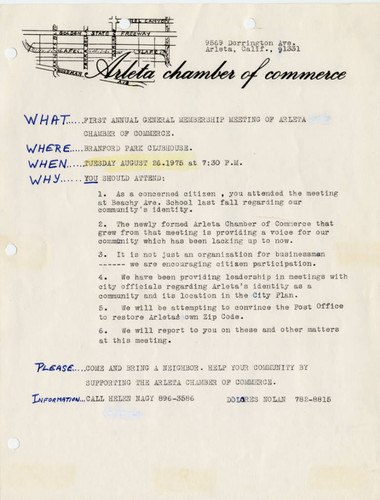 Arleta Chamber of Commerce announcement of first meeting, Arleta, 1975