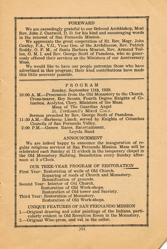 Programme Commemorating the Restoration of Mission San Fernando, 1938