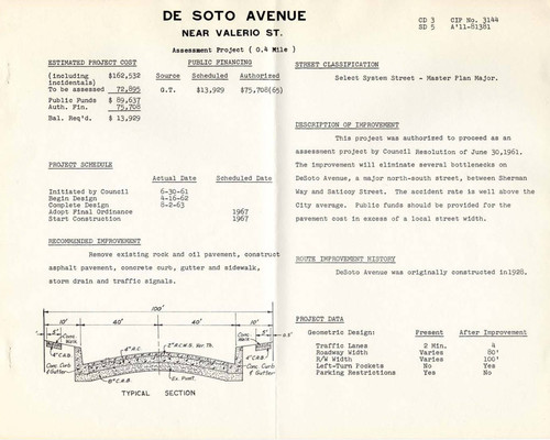 Description of DeSoto Avenue, improvement project, Canoga Park, 1961
