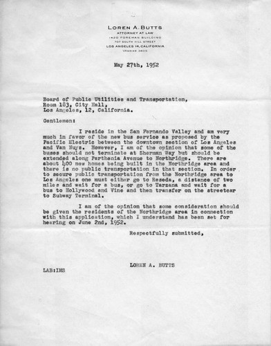 Letter from Loren A. Butts addressing proposed public transportation to the San Fernando Valley, May 1952