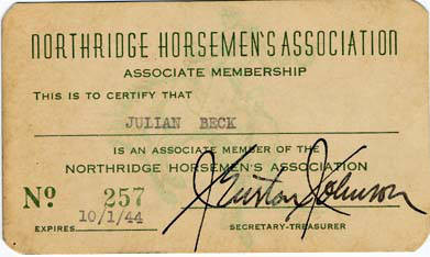 Northridge Horsemen's Association Membership card, circa 1943