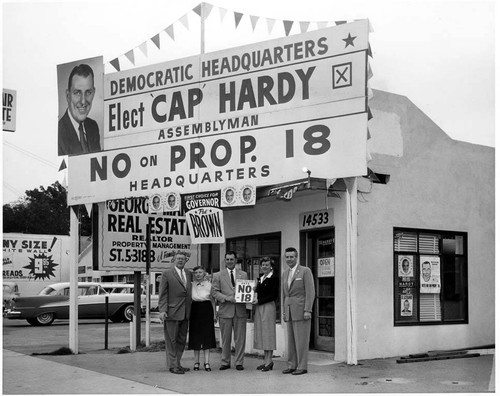 Democratic Headquarters and No on Proposition 18 campaign headquarters, Van Nuys, 1958