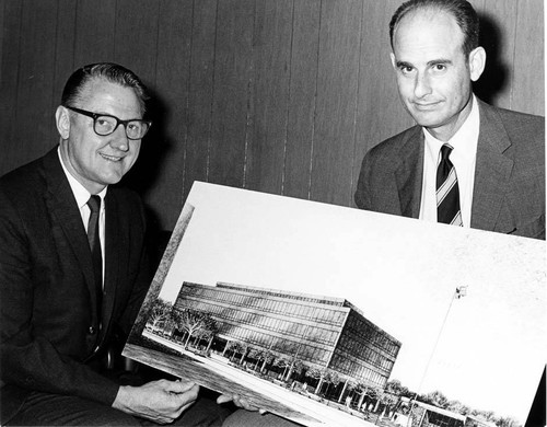 Congressman James C. Corman and proposed post office building, Van Nuys, circa 1967