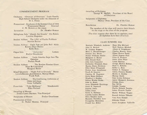 Canoga Park High School Commencement Brochure, 1934