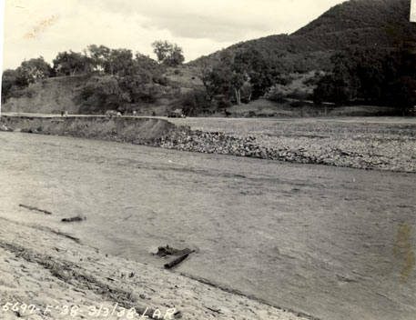 Los Angeles River flood, Los Angeles, downstream from Barham Boulevard, 1938