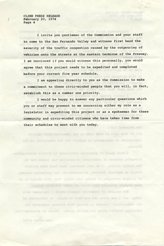 Press release, California Assemblyman Bob Cline, regarding Simi/San Fernando Valley Freeway, Woodland Hills, 1974