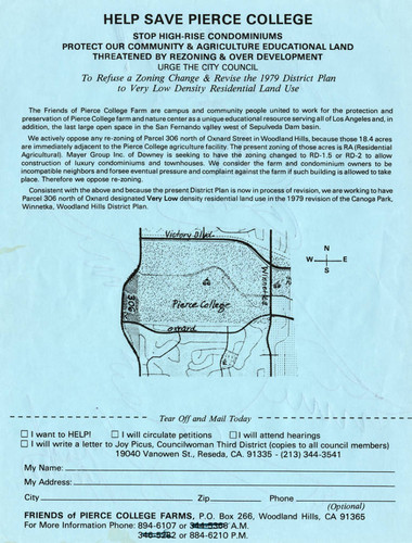 Flier, Save Pierce College, opposing zoning change, Woodland Hills, circa 1980