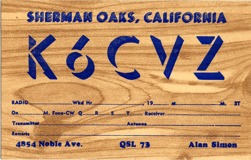 QSL card for amateur radio licence K6CVZ, Sherman Oaks, 1953