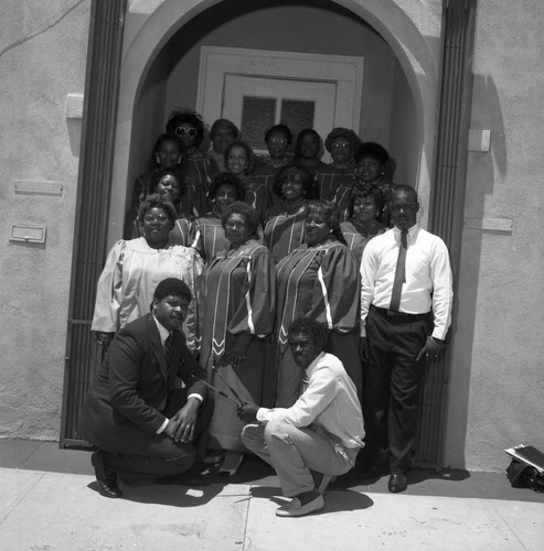 Members of a church choir posing in a doorway, Los Angeles, 1983