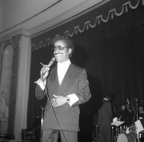 Sammy Davis, Jr. performing at a Golden Day School event, Los Angeles, 1986