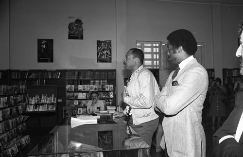 Man speaking during Career Day at Dorsey High School, Los Angeles, 1982