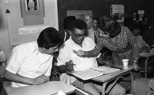 Adults talking together in a Dorsey Adult School ESL class, Los Angeles, 1980