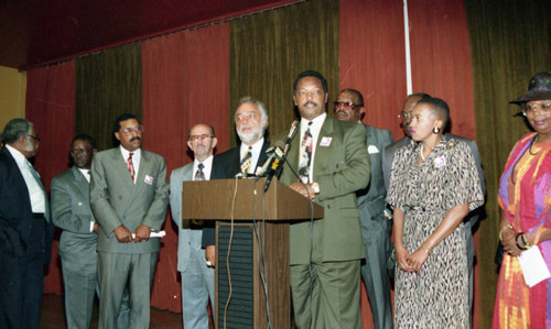 Rev. Jesse Jackson spaking at aTournament of Roses protest rally, Pasadena, 1993