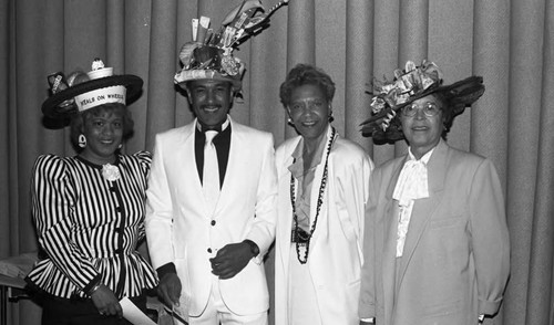 Mad Hatters Luncheon prize winners posing together, Los Angeles, 1989