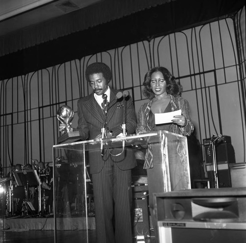 Don Mitchell and Judy Pace presenting an NAACP Image Award, Los Angeles, 1978