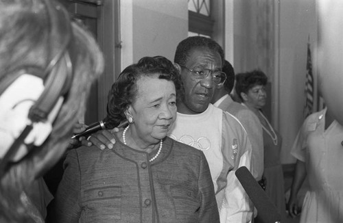 Black Family Reunion originator Dorothy Height speaking at a press conference, Los Angeles, 1987