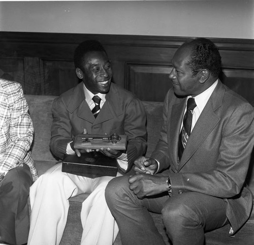 Pelé receiving the Key to the City from Mayor Tom Bradley, Los Angeles, 1975