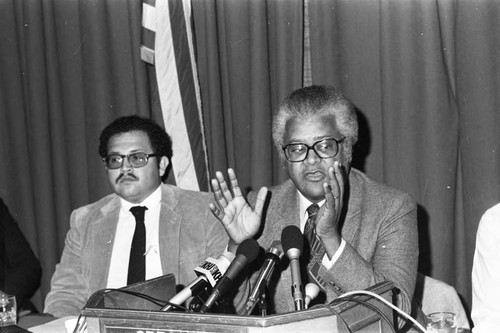 Rev. James Lawson discussing plans for Peace Sunday at a press conference, Los Angeles, 1982
