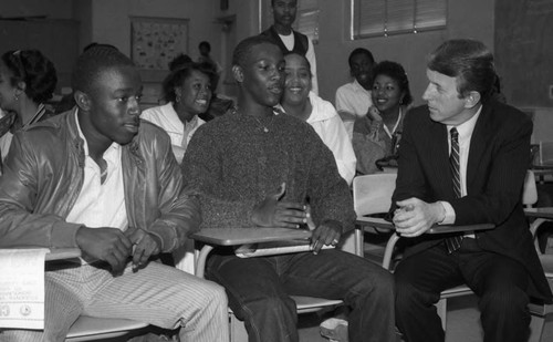 Leo McCarthy speaking with students at Crenshaw High School, Los Angeles, 1985