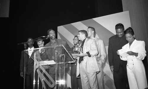 Take 6 receiving an award at the Black Radio Exclusive (BRE) convention, Long Beach, California, 1989