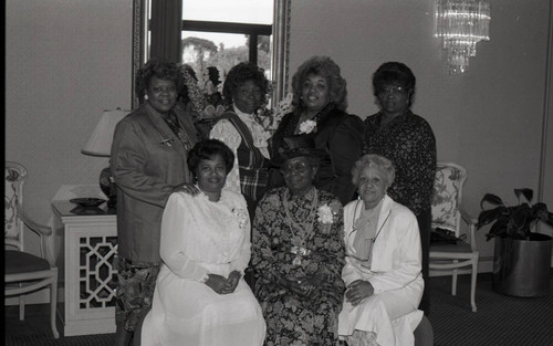 Alpha Lambda Chapter, Theta Mu Sigma Sorority members posing, Los Angeles, 1987