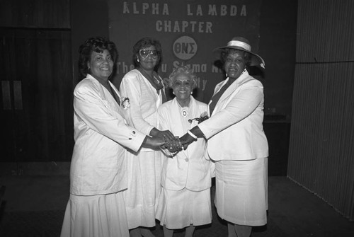 Alpha Lambda Chapter, Theta Nu Sigma members posing together, Los Angeles, 1985