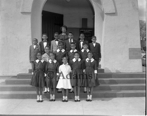 Children stand on church steps, Los Angeles, 1958