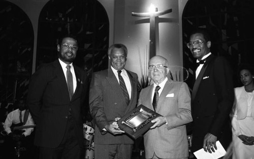 Augustus Hawkins posing with his award at the Leadership Award Gospel Concert, Los Angeles, 1985