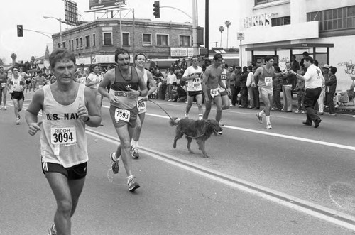 Runners passing spectators on Crenshaw Blvd. during the first in LA Marathon, Los Angeles, 1986