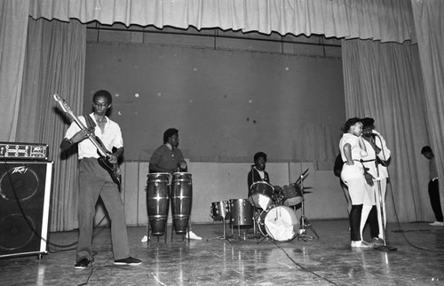 Musical group performing in a talent show at Dorsey High School, Los Angeles, 1983