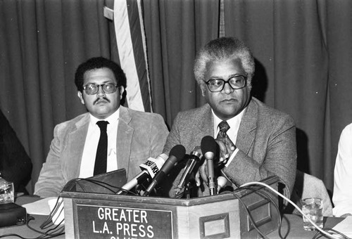 Rev. James Lawson discussing Peace Sunday at a press conference, Los Angeles, 1982