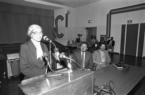 Rosa Parks speaking to a group from the Compton Unified School District, Los Angeles, 1983