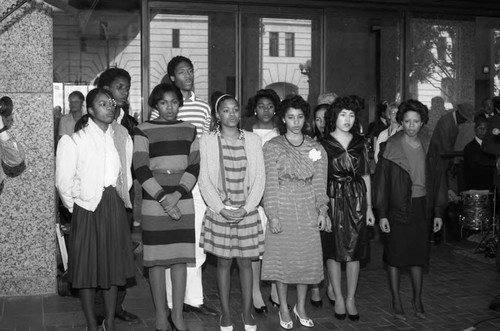 Choral group performing at Black History Month ceremonies, Los Angeles, 1985