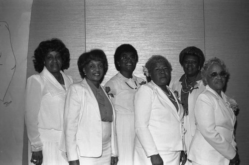 Alpha Lambda Chapter, Theta Nu Sigma members posing together, Los Angeles, 1985