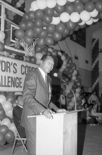 Crenshaw High School rally speaker Tom Bradley, Los Angeles, 1985