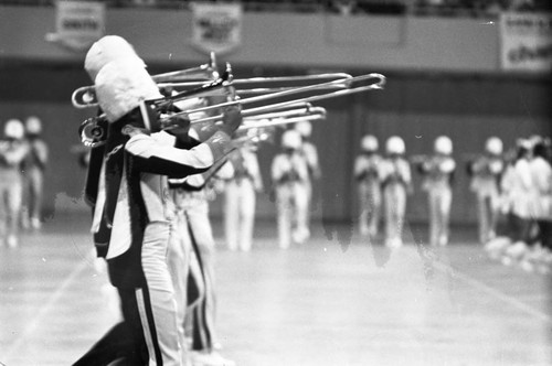 Locke High School students performing at a LAUSD Band and Drill Team Championship, Los Angeles, 1983