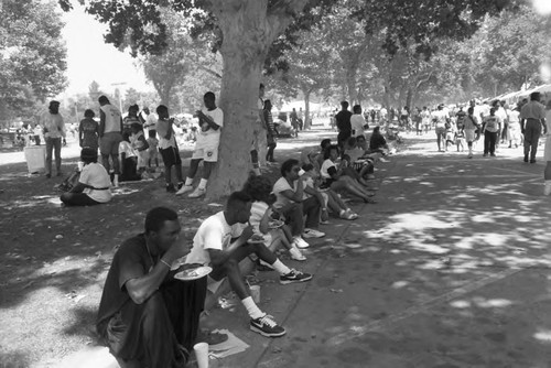 People eating in the shade at Exposition Park during the Black Family Reunion, Los Angeles, 1989