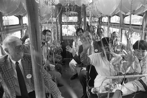 Riders initiating the new Inglewood shuttle, Los Angeles, 1986